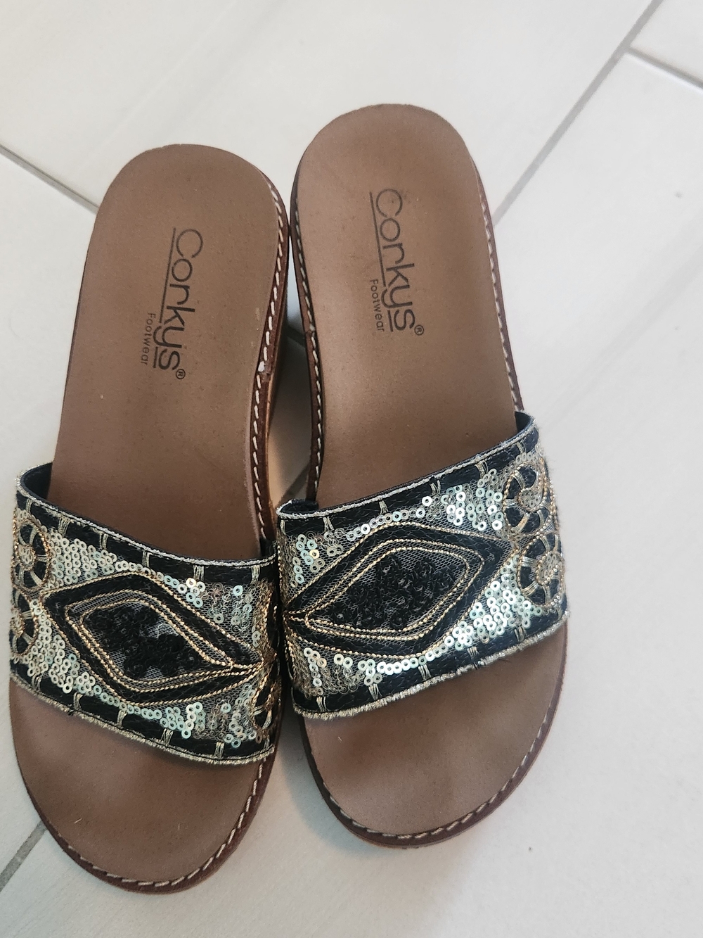 Corkys Black and Gold Sequin Slide Sandals